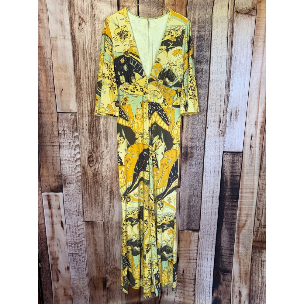 Free People Night Fever Wide Leg Jumpsuit Floral Boho Statement Yellow Large